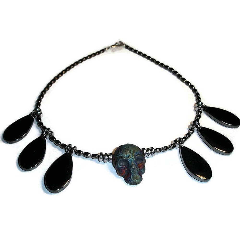 Skull Necklace Unique Skull necklace hematite drop